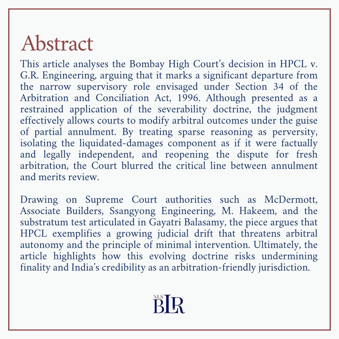 NLSBLR's tweet photo. Read our blog article "Slicing the Award Too Thin: HPCL v. G.R. Engineering and the Drift from Severance to Modification under Section 34" by Anubhuti Raje

Find the full article here: https://t.co/9OG7oDgfOV https://t.co/g6alB8o2Qh