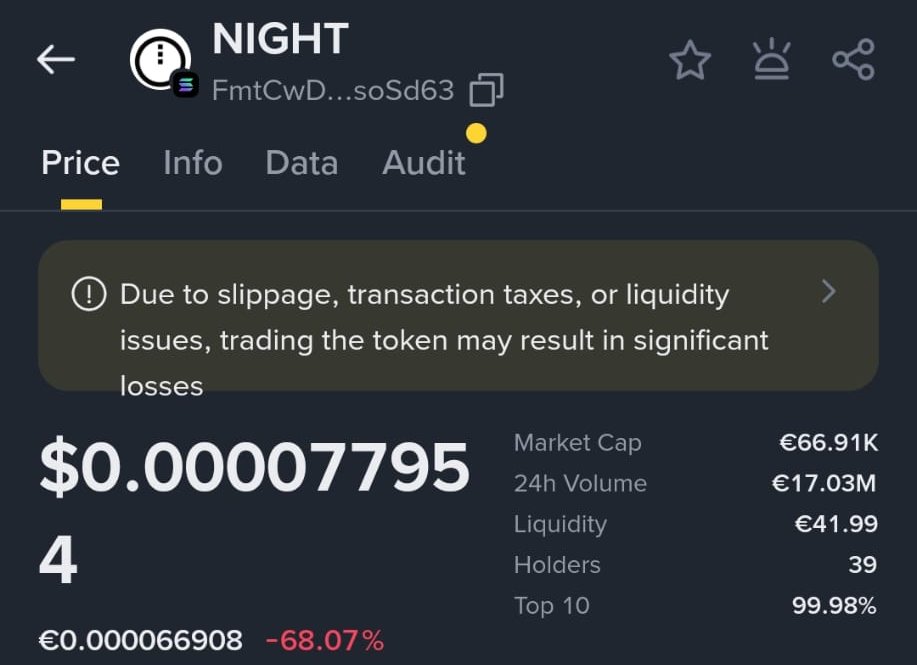 🚨 When you search for NIGHT on Binance, you are shown a Solana version of the $NIGHT token. It uses the Midnight logo but has a policy ID (or contract address) of:
FmtCwDJzN9qr55c91jDepZFDok5VzKYS7y9jkHsoSd63

Is this token listing authentic or a fake imitation (scam)?