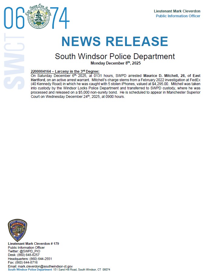 SWPD_PIO's tweet image. Good morning #SW06074.

Attached is the news release for Monday, December 8th, 2025.