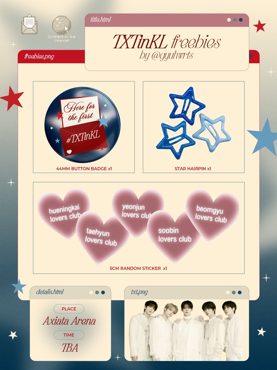gyuhwrts's tweet image. #TXTinKL freebies by @gyuhwrts ✰ .ᐟ 

☆ badge, hairpin, random sticker 50pcs (for moavoters only❗️)
☆ hairpin, sticker 50pcs

• place: axiata arena
• time: tba

⋆˚꩜｡