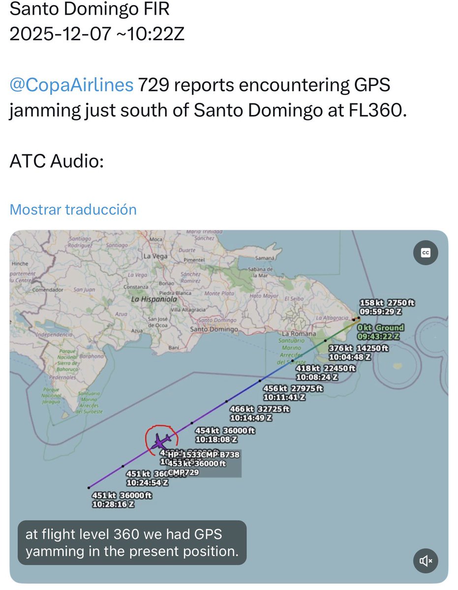 ÚLTIMO MINUTO:

Pilotos saliendo en vuelos desde Santo Domingo (SDQ) (AILA); reportan BLOQUEOS DE SEÑAL GPS (jamming) en sus aviones… 😮 

Muchos refieren esto se debe a movimientos de militares USA🇺🇸 en la zona…

#El4toBate