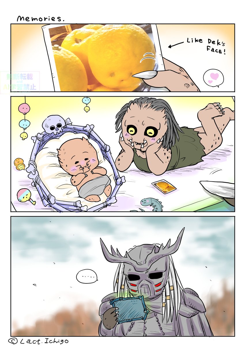 lactichigo's tweet photo. クウェイお兄ちゃんとデクの子供の頃の思い出。お父さんを初めて描いてみたンゴよ😙✒️🐍✨
あんな未来になってしまうなんて、きっと本当はお父さんも思ってなかったんやで🥺
#PredatorBadlands　#yautja https://t.co/HB2AuTgtEf
