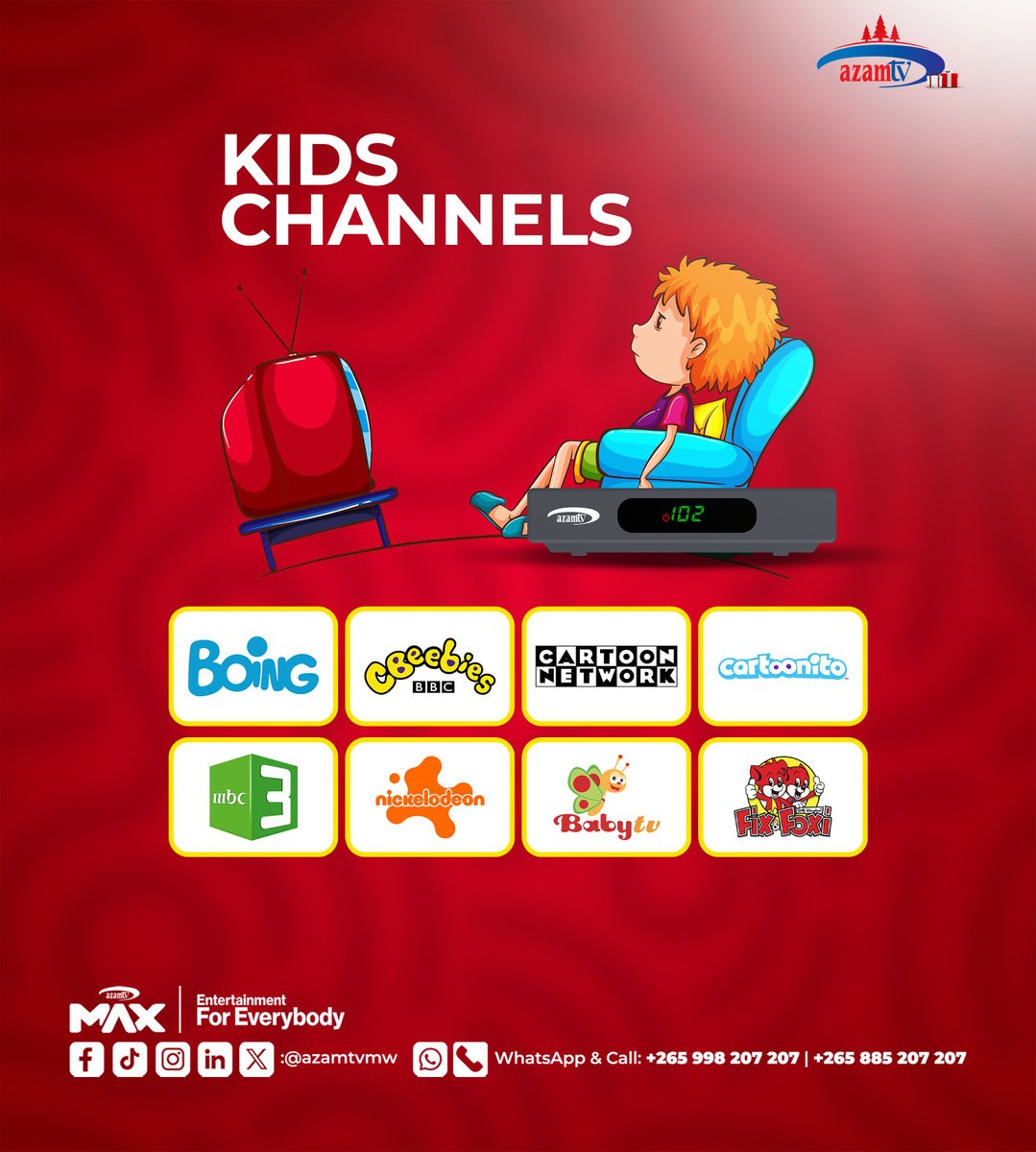 Azamtv_MW's tweet image. 📷 Make your kids smile every day with Azam TV’s Kids Channels! 📷
From Nickelodeon to Baby TV, CBeebies to Cartoonito,
 Endless fun, learning, and adventure waiting! 

#AzamMax.
#EntertainmentEverywhere #AzamTVMalawi #KidsZone #FamilyFun