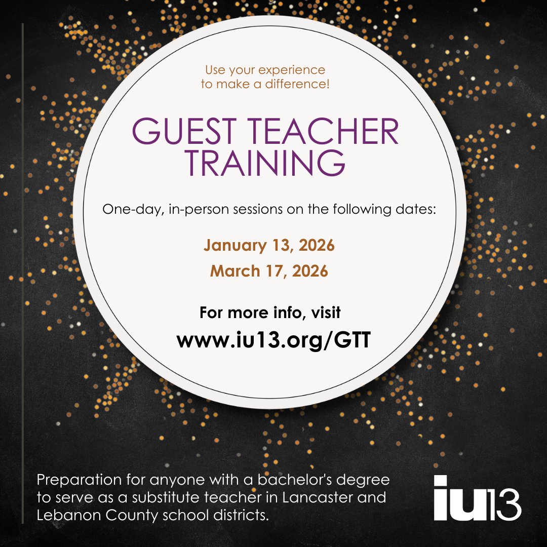 Do you have a bachelor’s degree in any major &amp; are seeking work with a flexible schedule? If so, consider becoming a substitute teacher! IU13 provides Guest Teacher Training for IU13 or any participating Lancaster or Lebanon Co. school district.
More info: hubs.li/Q03gNSHb0