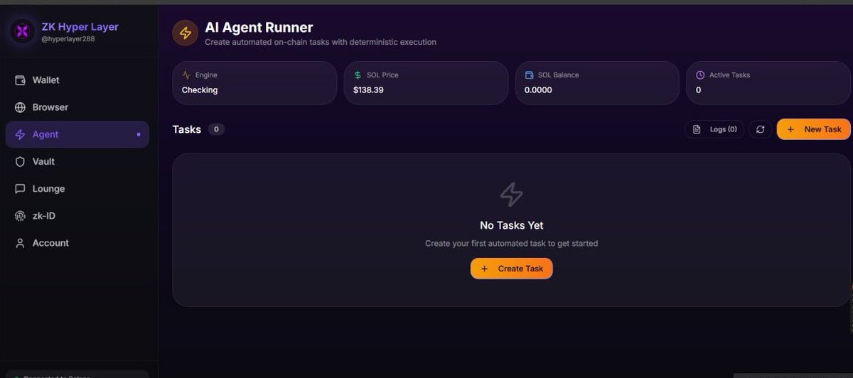 X402Hyperlayer's tweet photo. 👀 Sneak Peek: AI Agent Runner Interface

Here’s the first look at the Agent Runner UI,  where users can create automated on-chain tasks with deterministic execution.

From setting price triggers, defining conditions, to automating actions like sending assets or alerts, everything runs seamlessly within the HyperLayer framework.

This module will enable autonomous market logic powered by our AI execution engine.
No scripts. No manual inputs. Just pure on chain automation. ⚙️

More previews and live demos soon.
