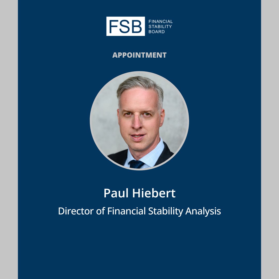 FinStbBoard's tweet photo. 📢 We are pleased to announce the appointment of Paul Hiebert as Director of Financial Stability Analysis, effective 1 January 2026.
Learn more about the FSB’s work to assess risks and vulnerabilities in the global financial system: https://t.co/lyPNx59RTN https://t.co/nYJzRr8bat