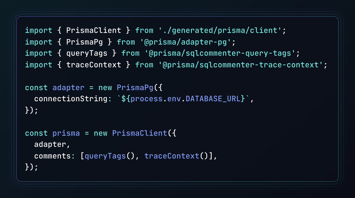 prisma's tweet image. Prisma 7.1.0 introduces SQL Comments, a simple way to add context to your queries for debugging, tracing, and monitoring.

If you’ve ever tried to connect a slow query back to the request that triggered it, this feature makes that effortless.