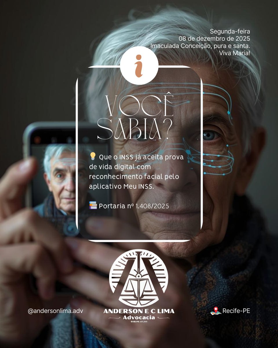 DrAndersonLima's tweet image. 📲 Aposentados, esqueçam filas! O INSS já aceita prova de vida digital.
💡 Tecnologia a favor do segurado.

👉 Quer aprender a usar? Me chama no direct!
📲 Seu benefício protegido sem sair de casa.

#AndersonLimaAdvocacia 
#ProvaDeVida #INSSDigital
