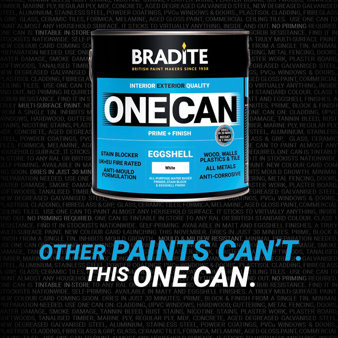 Prime, Block and Finish all in One Can. Discover One Can for your next project. 
 
This quick-drying, water-based formulation gives exceptional adhesion to virtually any interior and exterior surface.
#braditepaints #onecan #thisonecan