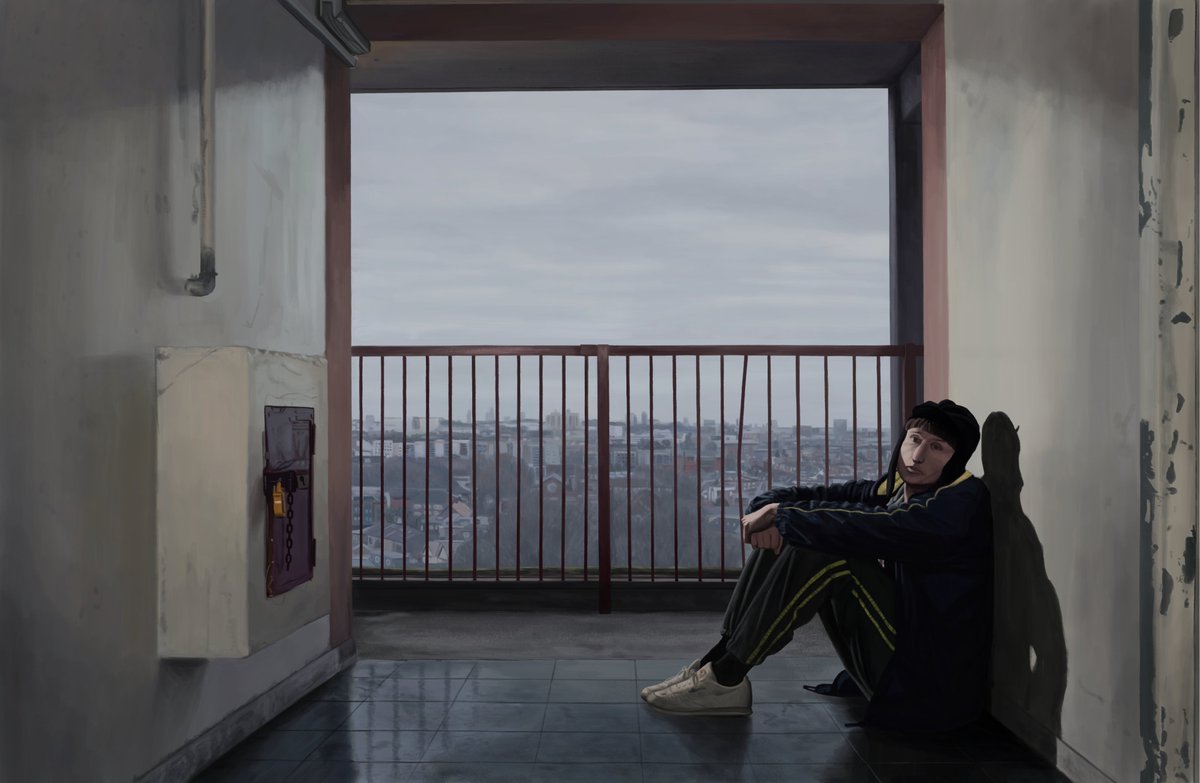 Digital painting of a still from People Just Do Nothing. I really like the shots of Brentford used in the show and wanted to paint from it. Credit to Director Jack Clough, Production Designer Martha Parker and Director of Photography Matt Wicks. Featuring DJ Steves of <a href="/KuruptFM/">PeopleJustDoNothing</a>