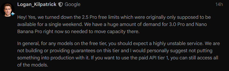 Logan (Lead product for Gemini API) がコメントしているけれど、特に