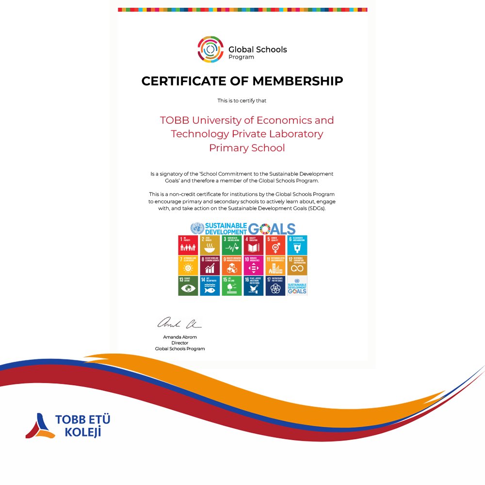 Birleşmiş Milletlerin Sürdürülebilir Kalkınma Amaçları (SDG) çerçevesinde yürüttüğü Global Schools projesinde resmi olarak biz de varız. 
Bu üyelik, çalışmalarımızı uluslararası bir ağ içinde sürdürmemize ve sürdürülebilirlik odağımızı daha sistemli bir şekilde geliştireceğiz.