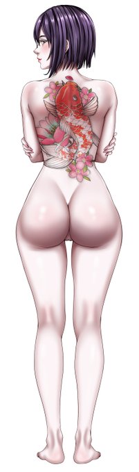 立ち絵。いじめっ子専用変態便女ママの証に背中にゴリゴリの和彫を彫った専業主婦のママ・・的な。 