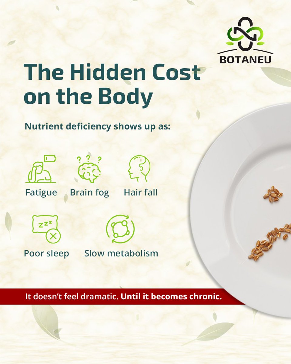 botaneuofficial's tweet photo. 70% of Indians are nutrient deficient—even when eating "enough."

The issue isn't calories. It's micronutrients.

Depleted soil + over-processing + lifestyle stress = chronic deficiencies in Iron, B12, Vitamin D, Mg, Zn.

Botaneu bridges the gap. Naturally. 🌱 https://t.co/BzeHTsnhfZ