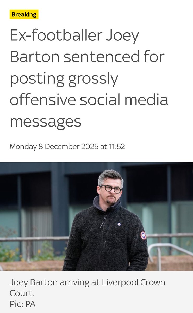 SpeechUnion's tweet image. Ex-footballer Joey Barton has been sentenced for “grossly offensive” social media posts.

Joey Barton was charged with twelve counts of sending “grossly offensive” messages with intent to cause distress or anxiety on social media, and was found guilty of six. He has been handed a…