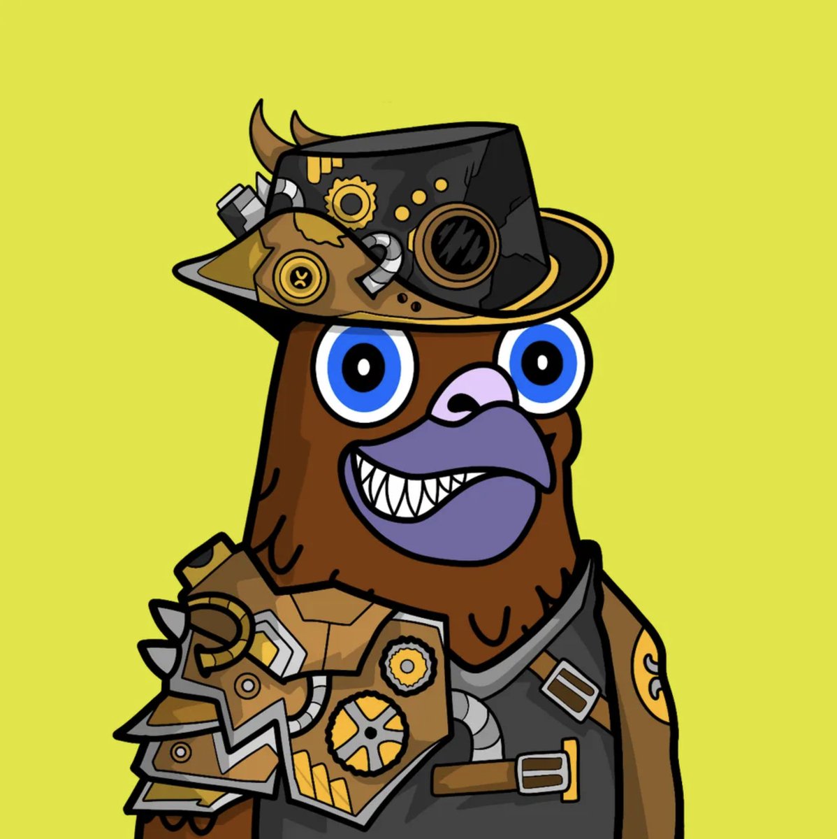 Long before the flock found the XRPL, this pigeon was a 
back-alley tinkerer, building gear from broken watches 
and scrap metal. ⚙️ One night he cracked an old 
terminal, saw the first DEX order book flicker to life, and 
wired it straight into his helmet. Now every cog in his