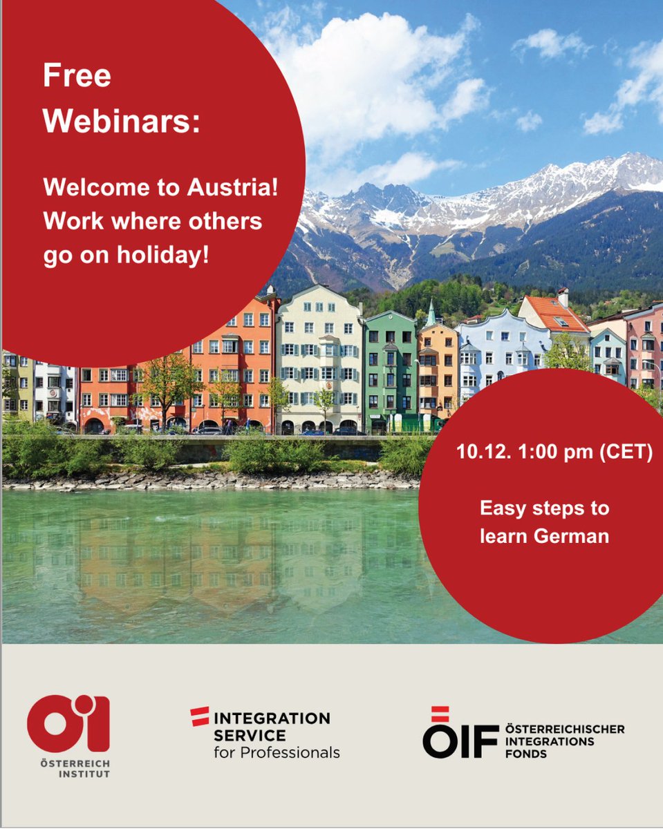 🇦🇹 Get to Know Austria: Living &amp; Working in Austria
📅 10 Dec 2025 | 1 PM (CEST)
💻 Zoom | English | Free
👉 Register: us06web.zoom.us/.../register/l…
👥 By Österreich-Institut &amp; ÖIF
🌟 Part of the “Living &amp; Working in Austria” series for qualified professionals.