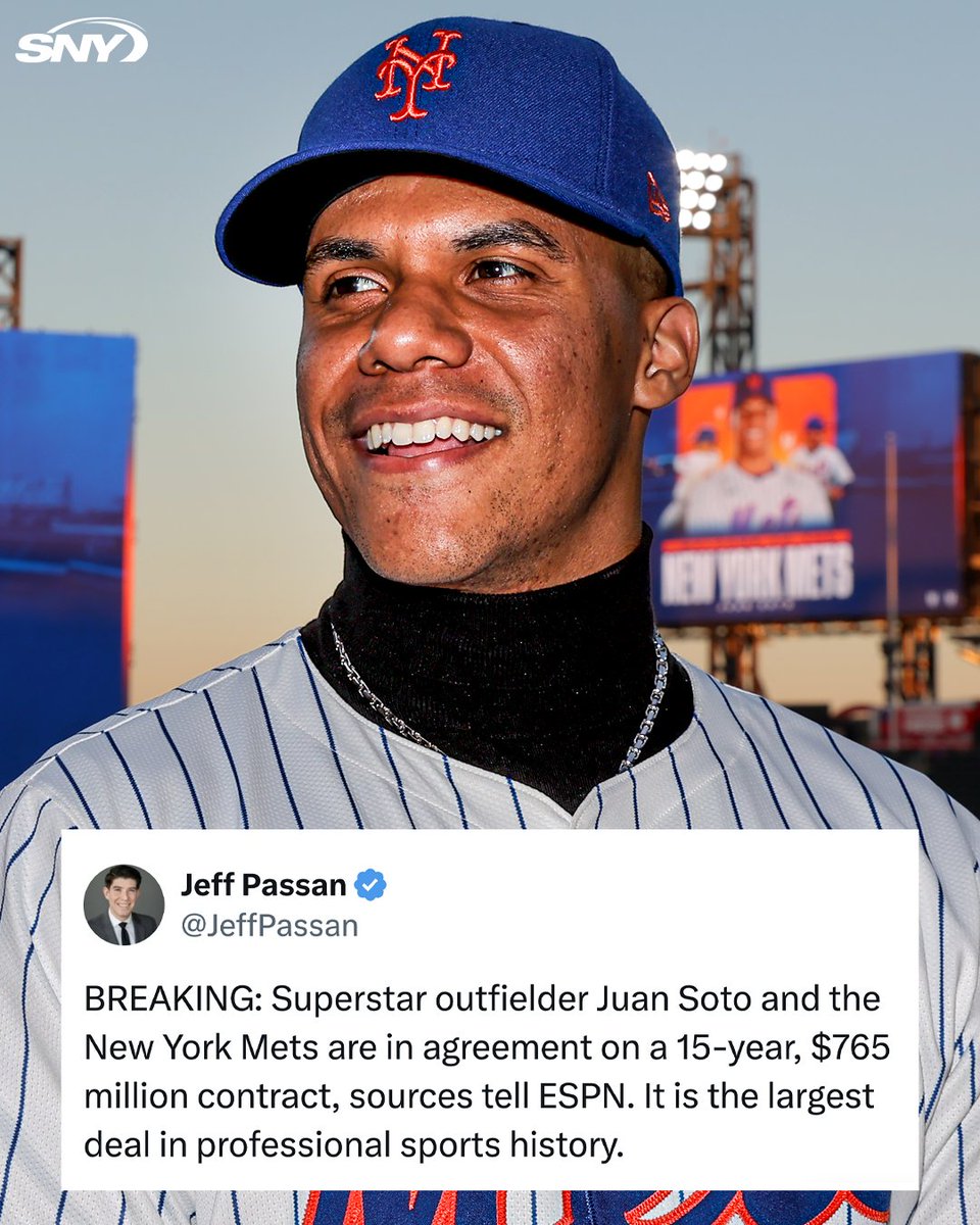 SNY_Mets's tweet photo. One year ago today, the Mets agreed to a record deal with Juan Soto https://t.co/dWYdovexbT