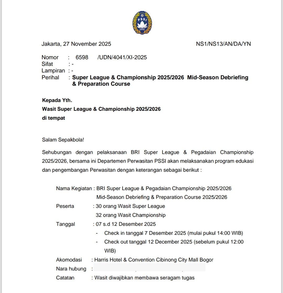 Departemen Perwasitan PSSI sedang menggelar kegiatan Super League &amp; Championship 2025/26 Mid-Season Debfriefing &amp; Preparation Course dari tanggal 07 s.d 12 Desember 2025. Kegiatan ini diikuti sebanyak 30 wasit Super League &amp; 32 wasit Championship. #FWI