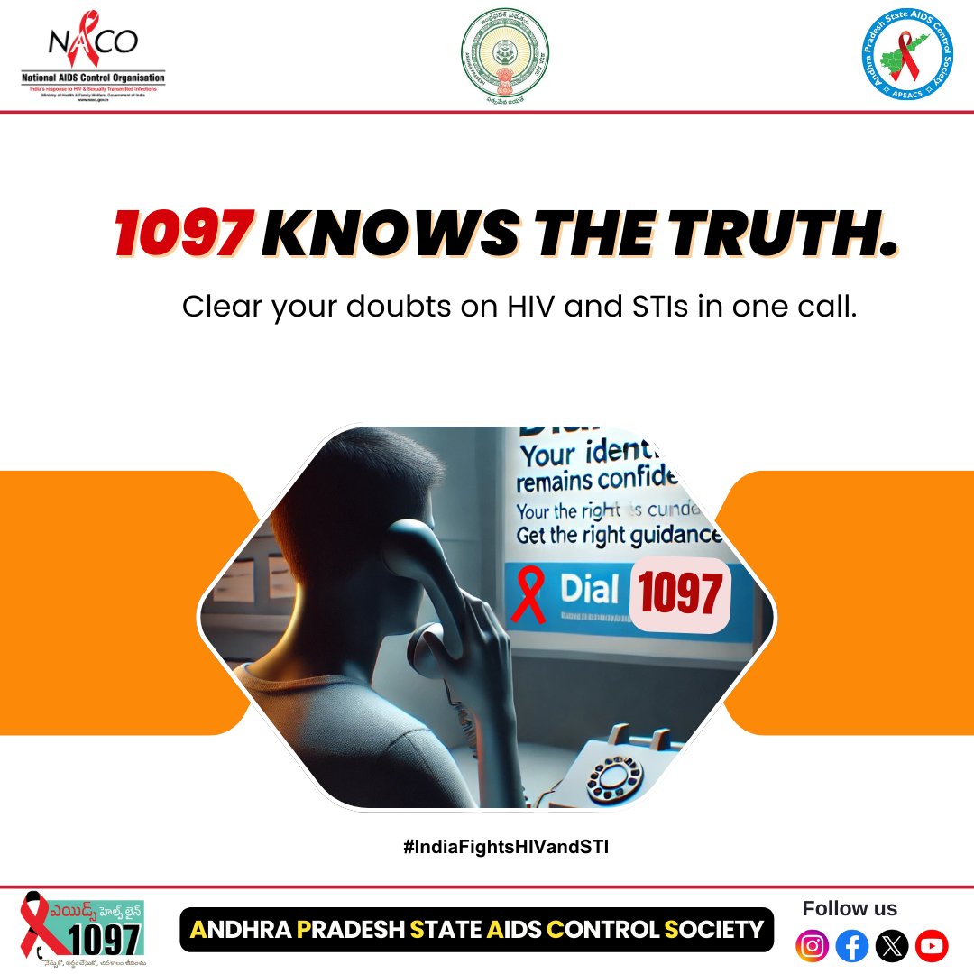 APSACS2020's tweet photo. Clear your doubts on HIV and STIs in one call.
1097 Knows the Truth. #IndiaFightsHIVandSTI
#HIVAwareness
#STIPrevention
#KnowYourStatus
#GetTested
#StopTheStigma
#SafeSexMatters
#UseProtection
#1097Helpline
#APSACS https://t.co/OyGxg1Y0w6