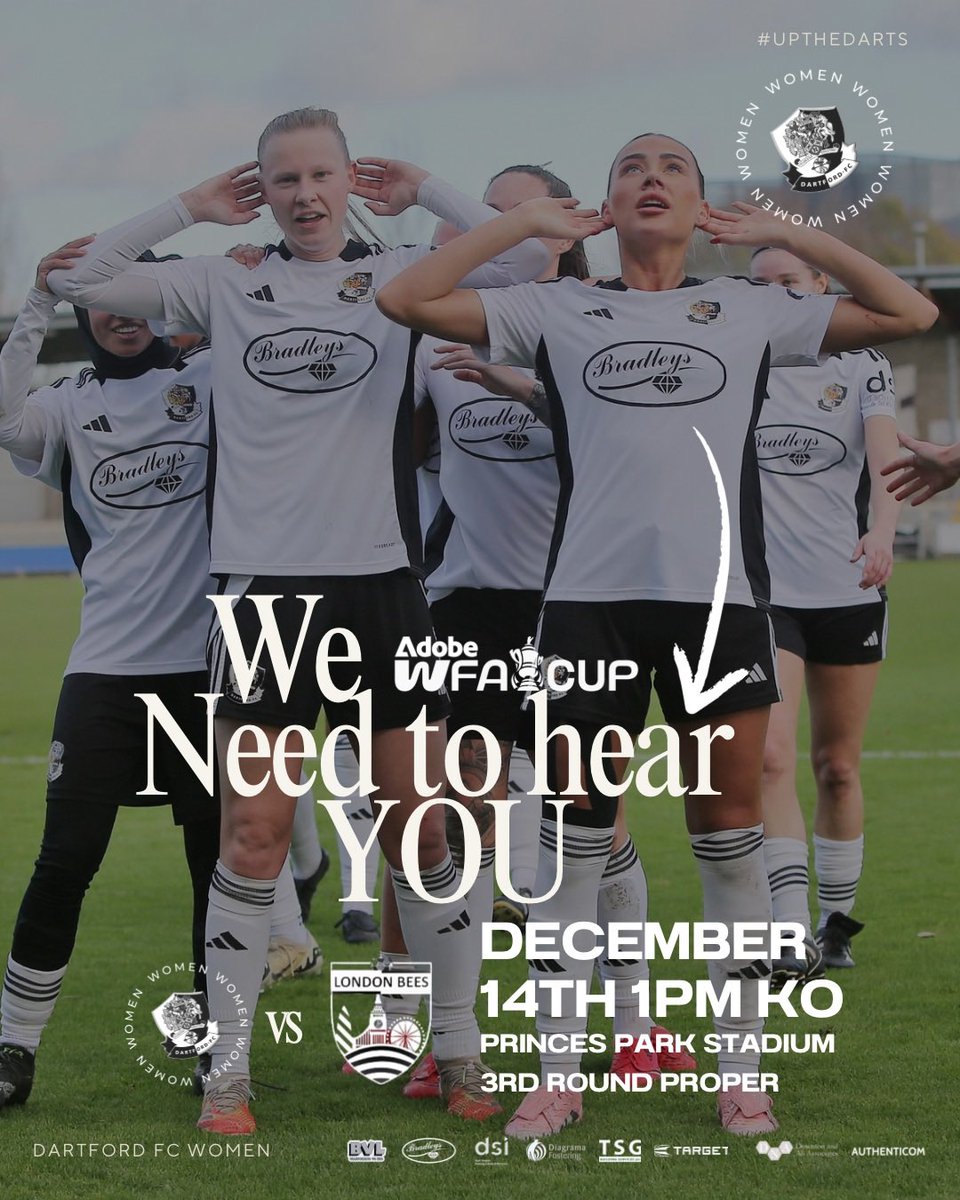 We need YOU this weekend! 💥

Every voice, every chant, every clap it all matters.
Be our 12th player as we take on London Bees in the <a href="/AdobeWFACup/">Adobe Women's FA Cup</a> 

📍 Princes Park | 🗓 Dec 14 | 🕐 1PM

 🎯 #Upthedarts | #thedartdestroyers  📸 carol