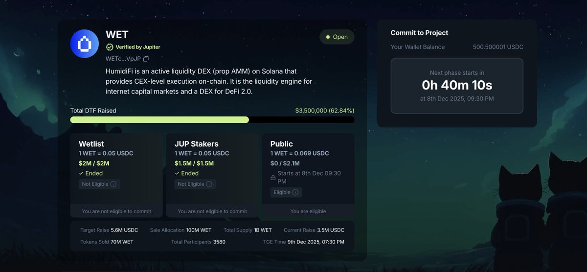 ⏳ Update on $WET Public Sale (<a href="/humidifi/">HumidiFi</a> )

The sale has been delayed again — an additional 30 minutes has been added to the start time.

I’m still participating in the public round.
Max cap remains 500 USDC and it’s looking like a solid opportunity if you manage to get in.
Will