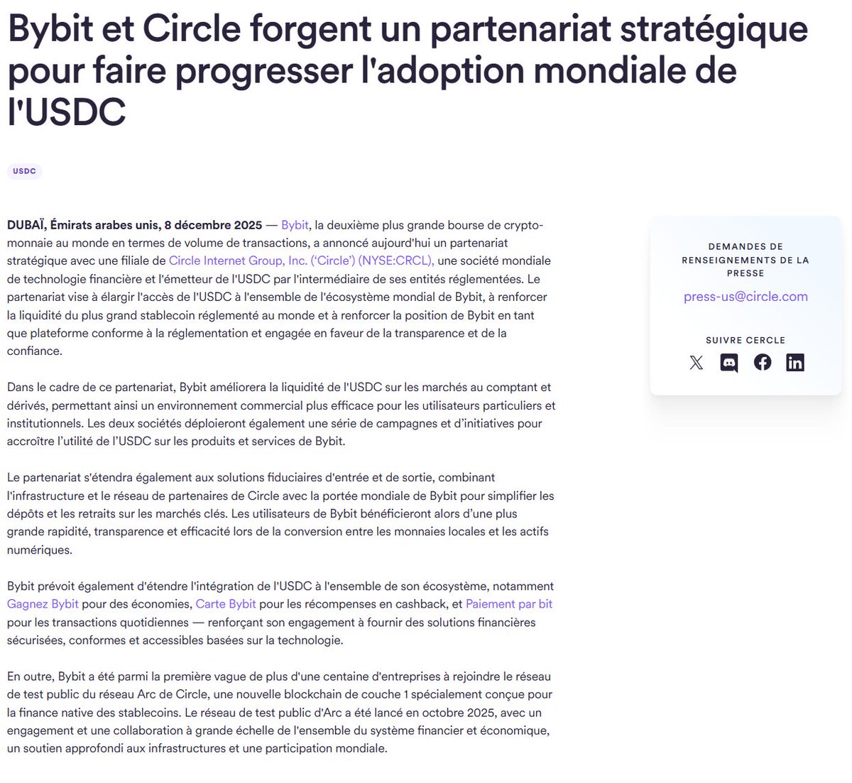#Crypto News : Bybit et Circle nouent un partenariat stratégique pour favoriser l'adoption mondiale de l'USDC