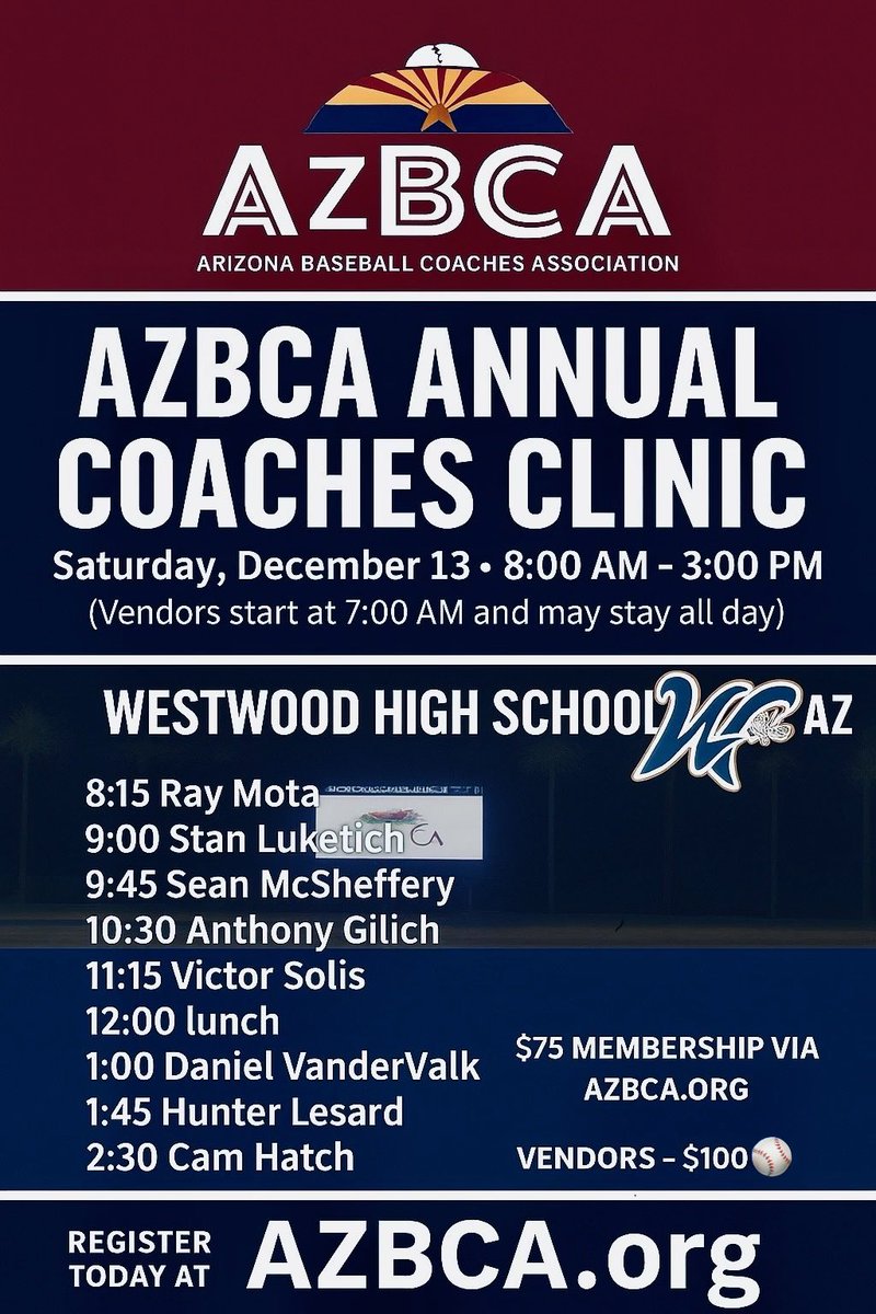 Speaker list for this Saturday’s annual AzBCA Clinic! We’ve got another all-star cast this year!