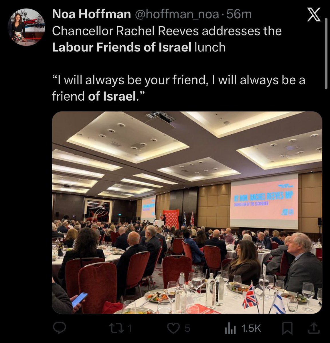 Every single MP stuffing their faces at this genocide luncheon, celebrating their favourite apartheid state on the graves of Palestinian children, deserves to lose their seat at the next election. No exceptions.