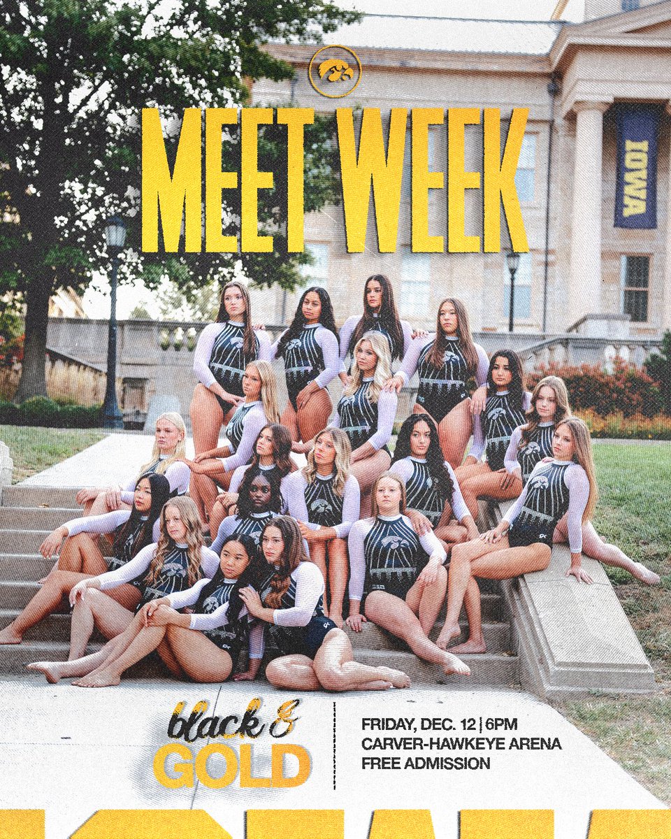 Team 49, it’s 𝙈𝙀𝙀𝙏 𝙒𝙀𝙀𝙆!

𝘽𝙡𝙖𝙘𝙠 &amp; 𝓖𝓸𝓵𝓭 Meet!🤸‍♀️🤸‍♀️🤸‍♀️

◼️ Friday, December 12
🟡 6:00pm
◼️ Carver-Hawkeye Arena
🟡Free Admission!