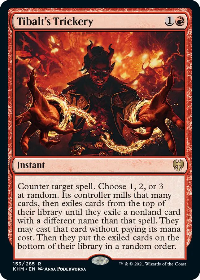 Found out the other day that if you give Tibalts Trickery split second with Shadow’s Chaos Control ability, your opponent does NOT get to cast a free spell.

It essentially becomes a significantly better Dovin’s Veto. Mad cool!