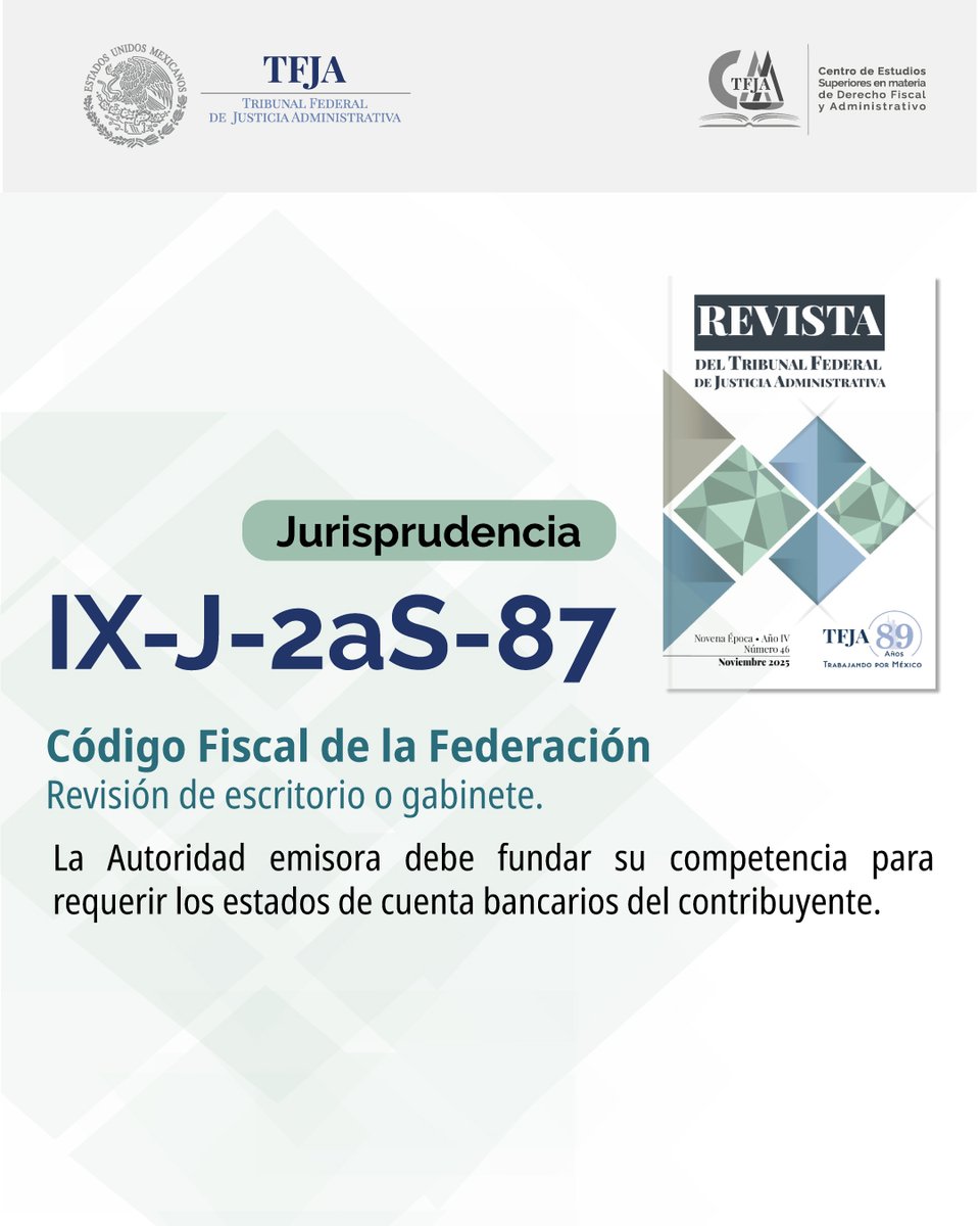 ⚖Jurisprudencia IX-J-2aS-87⚖
¿Sabías que?
En una revisión de gabinete, la Autoridad que requiera estados de cuenta bancarios debe fundar su competencia al momento de solicitarlos, citando el artículo 48, último párrafo del CFF.
#TFJA
#JurisprudenciaTFJA
#CFF
#Revisióngabinete