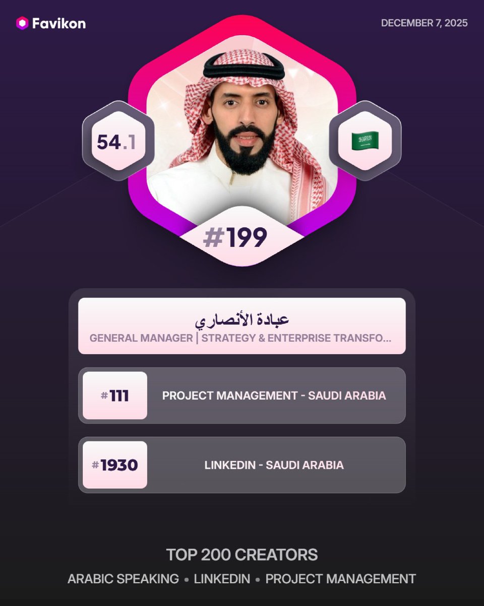 فخور باختياري ضمن قائمة أفضل صناع المحتوى في إدارة المشاريع لعام 2025. رحلة مليئة بالدروس والتحديات شكلت هذا الإنجاز الذي أعتبره بداية لمرحلة جديدة من العطاء والمعرفة. شكرًا لكل من دعم وشارك وعلّم. القادم أفضل بإذن الله. 🚀