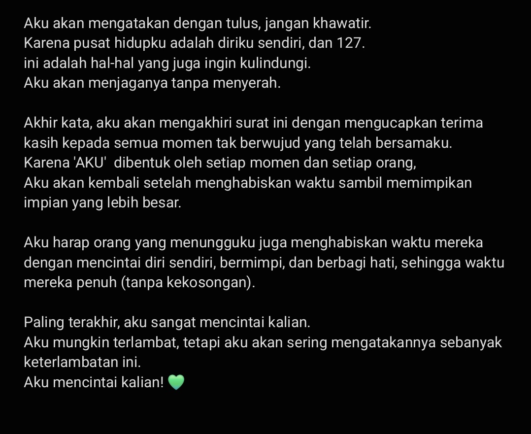 081225 DOYOUNG INSTAGRAM UPDATE [Indo Trans]

Note :
Doyoung pakai kalimat formal (SAYA/ANDA) dipostingannya, tapi disini aku terjemahkan dengan kata "Aku"/Kalian