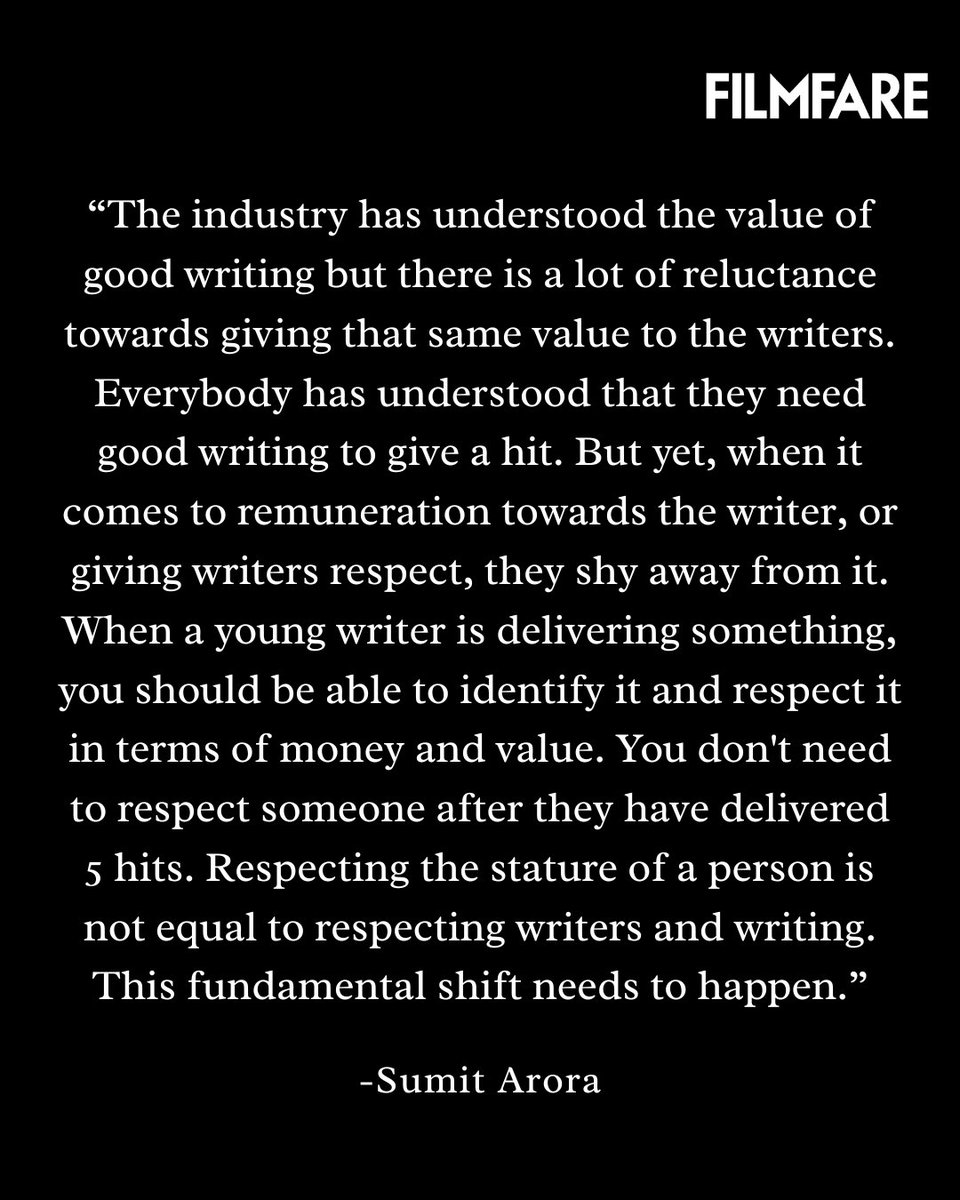 filmfare's tweet photo. In an exclusive conversation with Filmfare, #SumitArora highlights the industry's paradox where everyone wants good writing yet few are willing to value writers accordingly.
He also calls for a crucial shift where we must learn to respect writers from the start not only after they’ve delivered multiple hits.
Read more: https://t.co/fCPs6cClqY
#FilmfareExclusive
