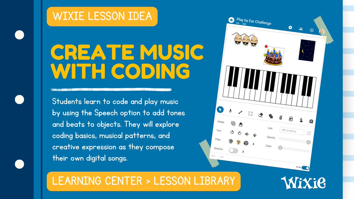 Wixie_T4L's tweet image. 🎶 Code Music in Wixie! 💻🎵

Celebrate #HourOfCode by turning your classroom into a digital recording studio!
Students use simple coding in #Wixie to compose their own songs — one note, one bracket, one beat at a time. 🎹✨

🔗 wixie.com/lessons?id=640…