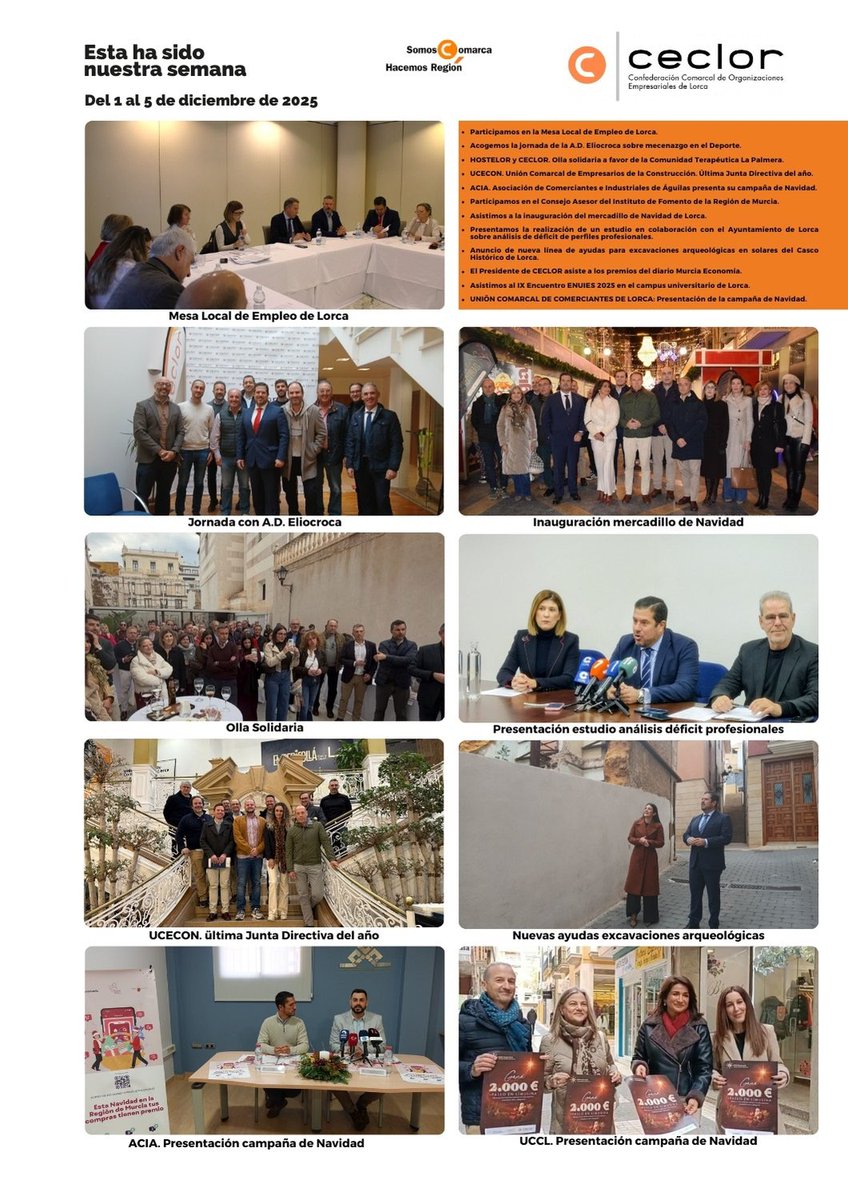 📷Resumen de la semana pasada:

✅Mesa Local de Empleo de #Lorca

✅Olla Solidaria junto a <a href="/Hostelor/">Hostelor</a> 

✅Consejo Asesor del <a href="/infoRMurcia/">Instituto de Fomento</a> 

✅Inauguración del mercadillo de Navidad de #Lorca

✅Premios del diario <a href="/murciaeconomia/">MurciaEconomía</a>

✅IX Encuentro ENUIES 2025

⬇️Y mucho más