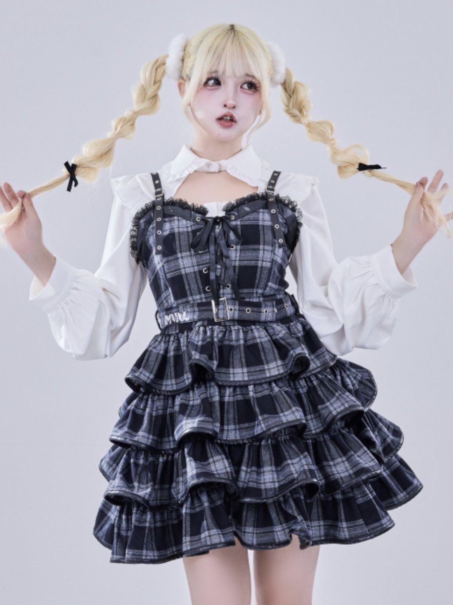 🩶IMVAL / Check Layered Dress［GRY］🖤 多段フリルのボリュームと