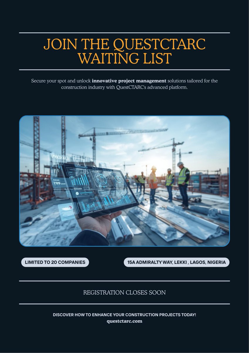 QuestCTARC's tweet photo. 🚧 Construction teams: Early access is open!

Join the QuestCTARC waiting list and get smarter project tracking, site reporting, and resource control — all in one platform.

⚠️ Limited to 20 companies
🔗 https://t.co/XFwTDSLDOV

#Construction  #QuestCTARC #ProjectManagement https://t.co/TOCaXO22W1