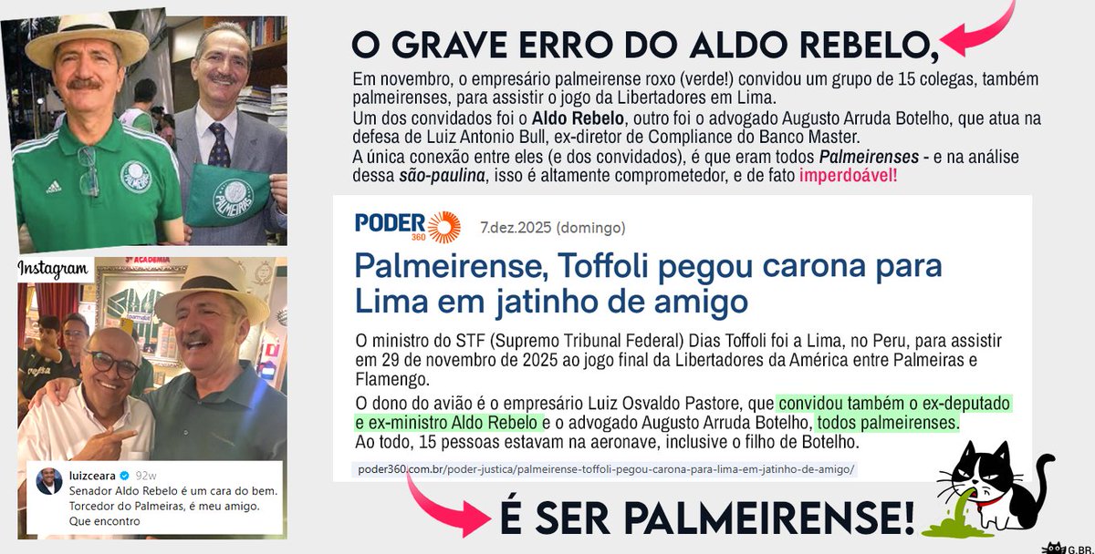 Com o anúncio da candidatura do excelente político Aldo Rebelo, alguns da oposição saíram apontando q ele 'estava no jatinho' onde tmb viajava o advogado do banco Master.
Vínculo entre eles é inexistente, mas revelou algo mt pior: <a href="/aldorebelo/">Aldo Rebelo</a> é Palmeirense!? 🐽😵🤮