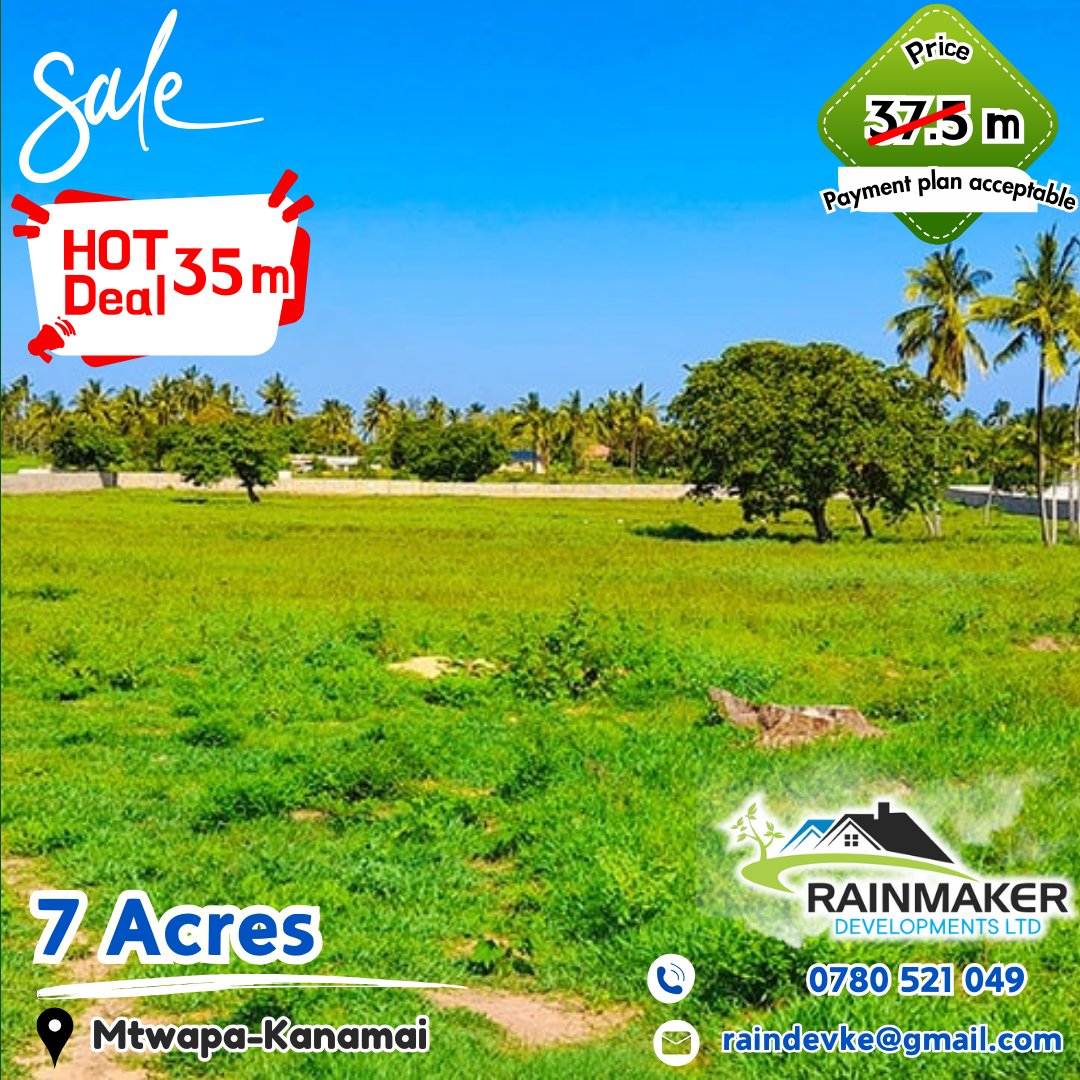 KeRainmaker's tweet image. 🌴 7 Acres of Prime Land – Mtwapa–Kanamai! 🌿✨

📍 Strategic Coastal Location | 💼 Exceptional Investment Potential
💰 Holiday Offer: KES 35M (Was 37.5M)—Secure Your Stake in This Fast-Growing Corridor!

📞 0780 521 049 | 📧 raindevke@gmail.com