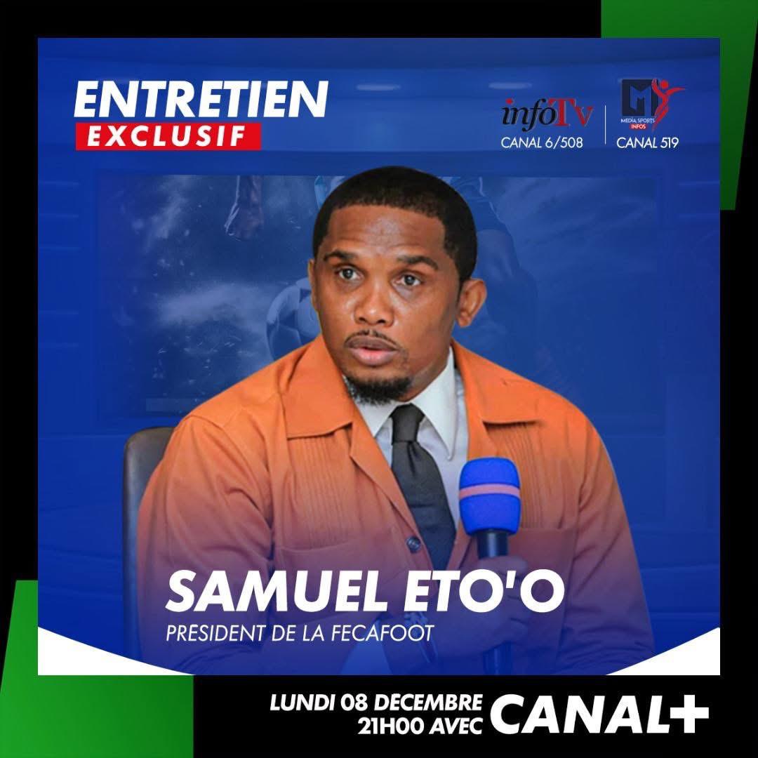 JPOkabol's tweet photo. Samuel Eto'o, le président de la @FecafootOfficie sera en direct sur deux chaînes de TV au Cameroun ce lundi 8 décembre 2025.

A votre avis, de quoi parlera-t-il face aux micros de Parfait Ayissi et d'Hervé Kemgne ?!? 🤔

Cc : @Okabol https://t.co/xd6EYndQpt