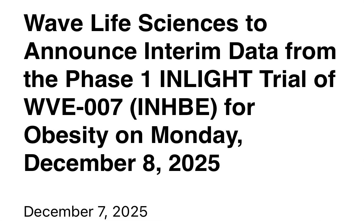 BowTiedBiotech's tweet image. $WVE +50%

🐂 Why bulls are fired up

&amp;gt;Clear proof-of-biology: single 240 mg dose cut visceral fat −9.4%, total fat −4.5%, and increased lean mass +3.2% by Day 85, on-mechanism for INHBE knockdown with ≥75% Activin E suppression and clean safety.

&amp;gt;Infrequent dosing profile…