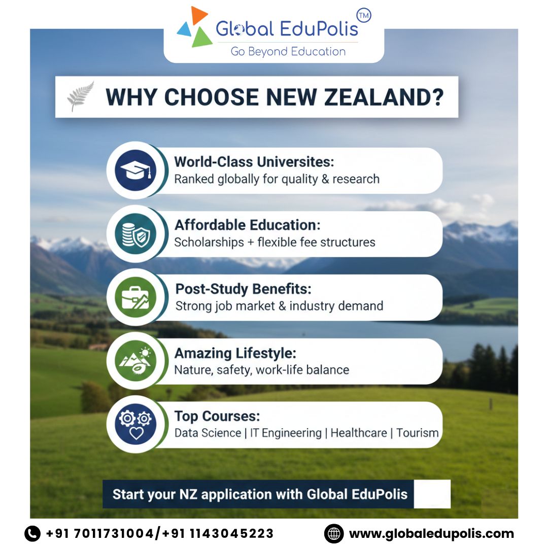 Why choose New Zealand?
World-class education, top courses, and an incredible lifestyle—your future starts here.
DM “NEW ZEALAND” to begin your application!

📞 +91 7011731004 | +91 1143045223
📧 info@globaledupolis.com
🌐 globaledupolis.com