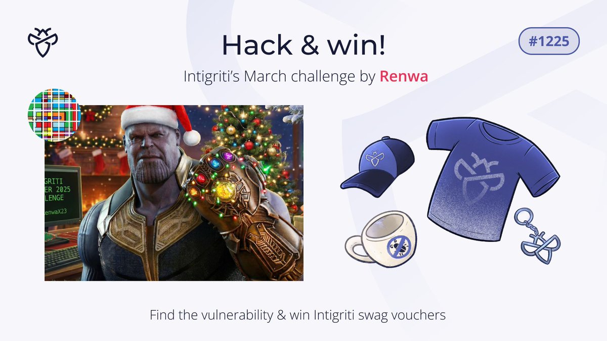 intigriti's tweet image. ⏰ It's CHALLENGE O'CLOCK!
👉 Pop an alert before Monday the 22nd of December
👉 Win €400 in SWAG prizes
👉 We'll release a tip for every 100 likes on this tweet

Thanks @renwaX23 for the challenge 👇

challenge-1225.intigriti.io