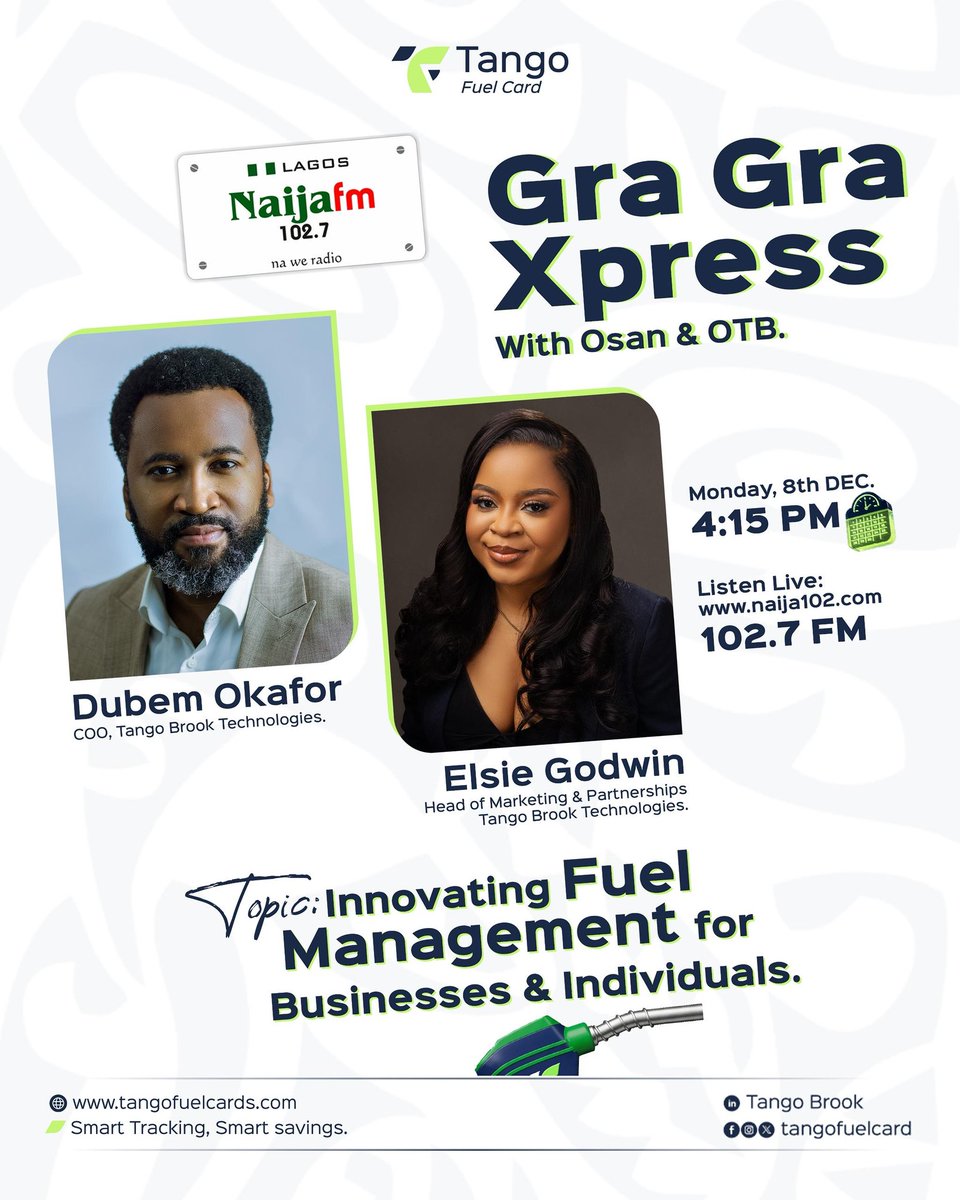 tangofuelcard's tweet photo. As we wrap up our media rounds, we’re turning the spotlight on fuel intelligence today.

Our COO, Dubem Okafor, and our Head of Marketing & Partnerships, @ELSiEiSY , will be live on @naijafm 102.7 at 4:15PM and @thebeat999fm at 5:05PM to unpack the real issues:

✔ Why businesses lose money to fuel fraud
✔ Why tracking every litre matters
✔ Why hundreds of organisations rely on the @tangofuelcard  to take full control of their fuel spend

If your business runs on fuel, this is where you want to tune in.