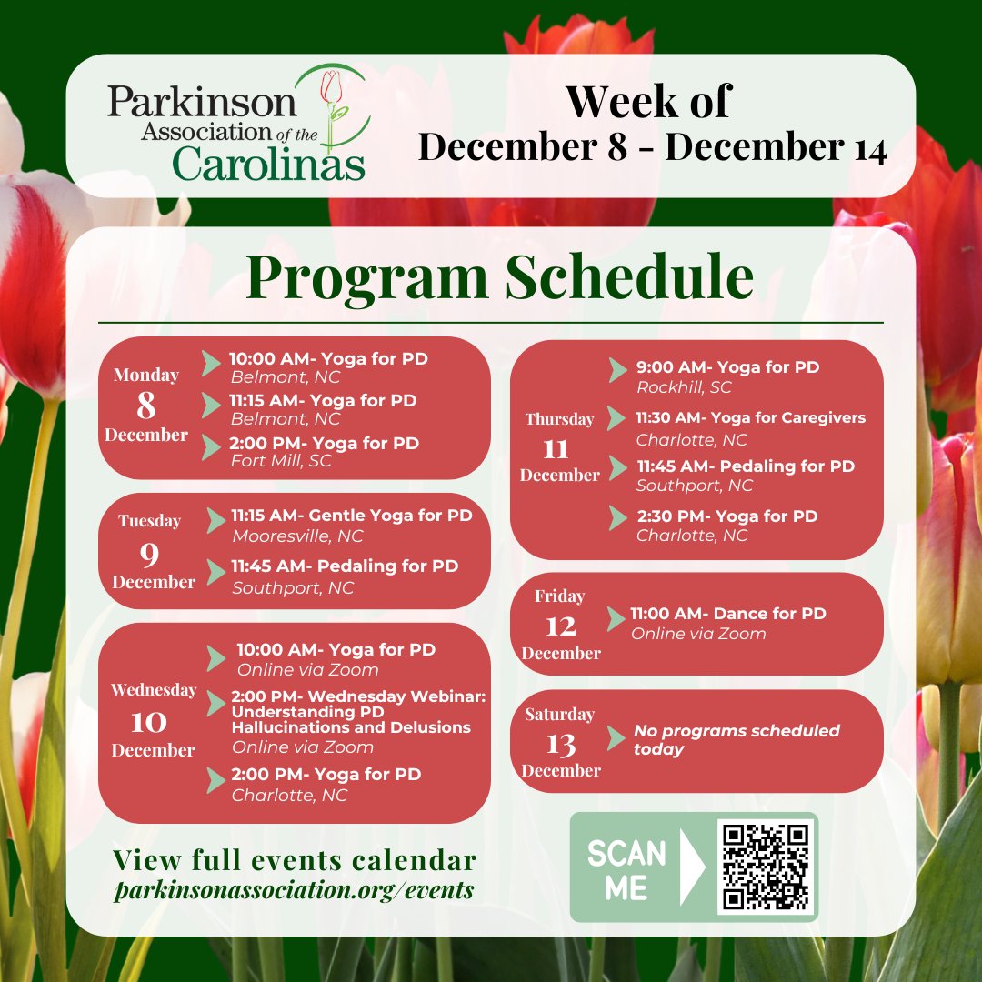 ParkinsonAssoc's tweet image. 🌟 PAC Weekly Program Roundup (Dec 8–Dec 14) 🌟
This week: yoga, pedaling, caregiver support, dancing &amp;amp; Webinar Wednesday!
Join in-person across the Carolinas or online via Zoom.
✨ Stay active &amp;amp; supported with PAC:
parkinsonassociation.org/events/      

#PACPrograms #TeamPAC