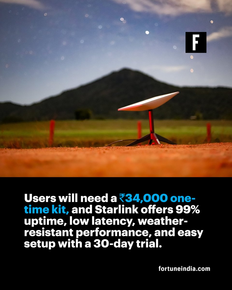 FortuneIndia's tweet image. .@Starlink has unveiled its India pricing, aiming to bring fast satellite internet to areas regular networks still can’t reach. 

The service is yet to go live, but its potential to bridge connectivity gaps is huge. 🚀📡

#starlinkindia  #SatelliteInternet #Connectivity