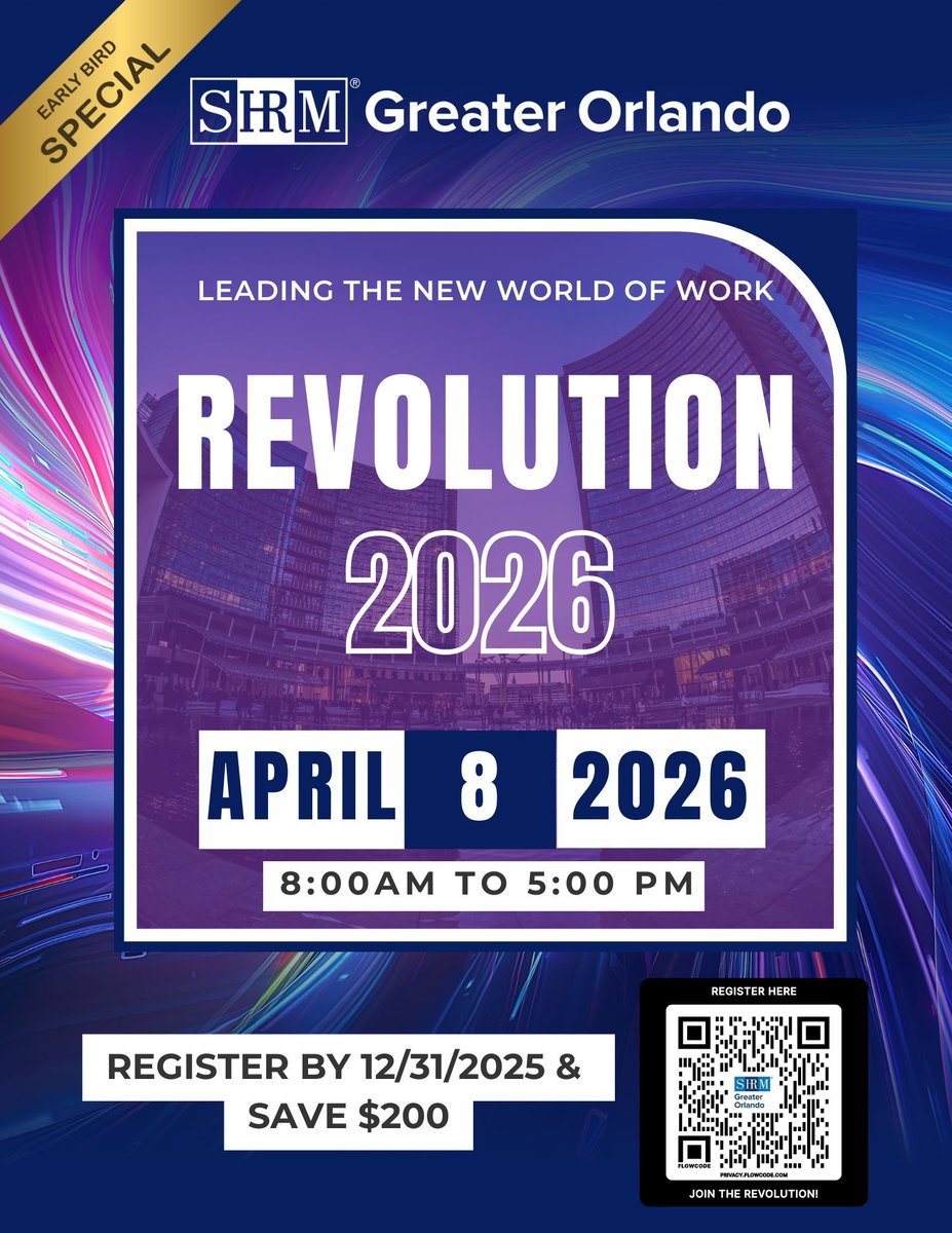 GOSHRM's tweet image. 🚀 Registration is OPEN for REVOLUTION 2026: Leading the New World of Work — #GOSHRM's premier HR conference happening April 8, 2026!

💥 EARLY BIRD: Save $200 when you register by 12/31/25!

👉 Register now: goshrm.org/page/Revolutio…

#REVOLUTION #JointheRevolution
