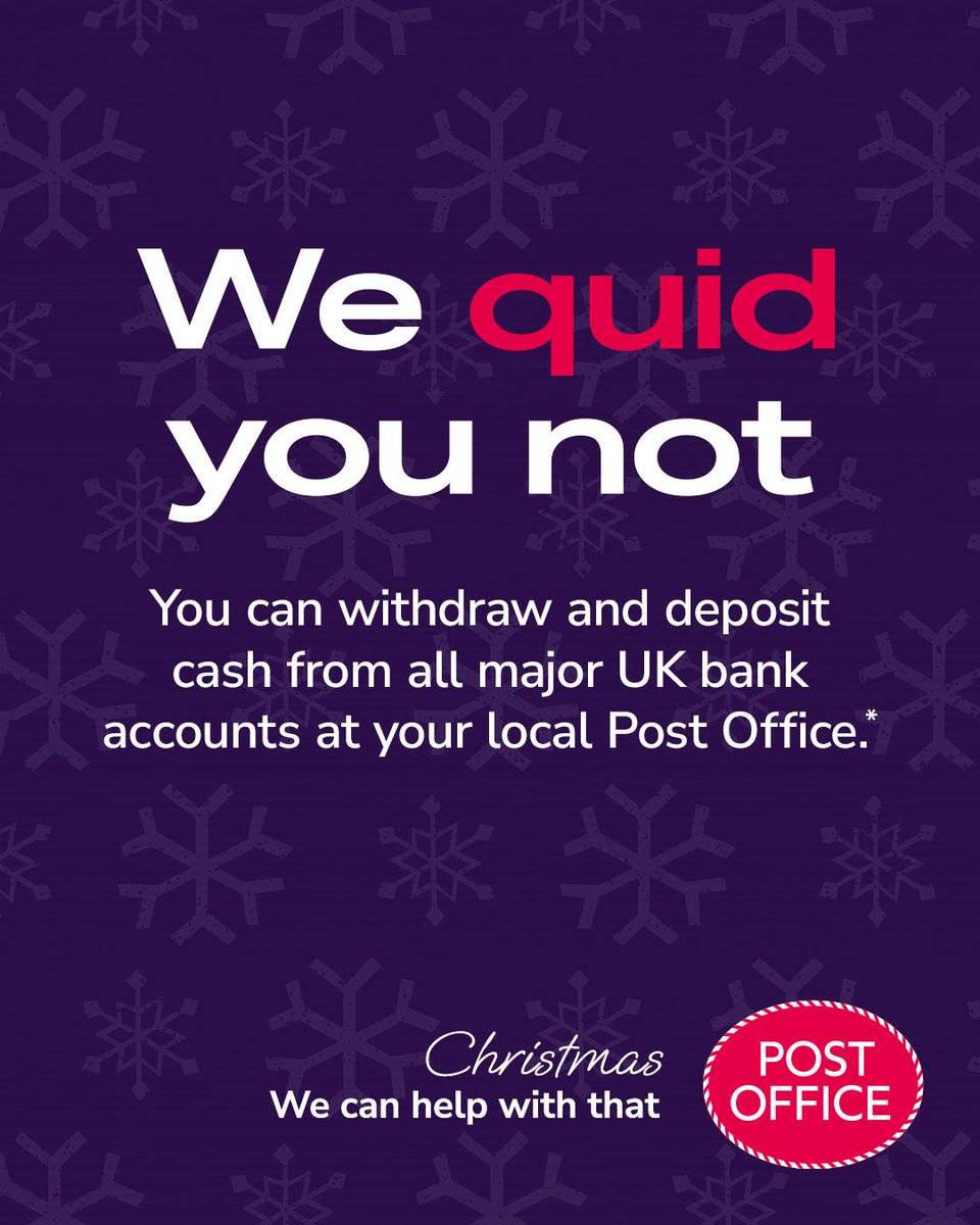 TehidyRdPO's tweet photo. Don’t stress this festive season – you can withdraw and deposit cash at Tehidy Road Post Office while you’re out and about! 🎁

*Some banks may charge for selected services, please speak to your bank for details. Withdrawals dependent on account balance and daily limits. https://t.co/9QpDRjjlmA